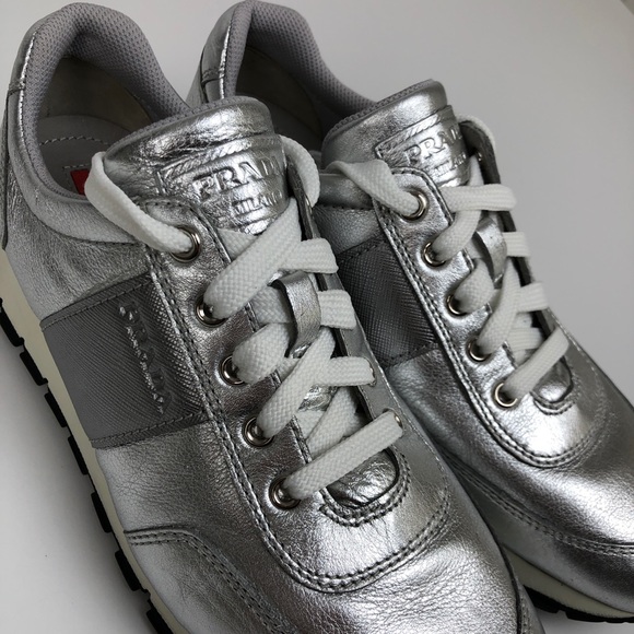 Prada silver leather lace up sneakers - Picture 10 of 11
